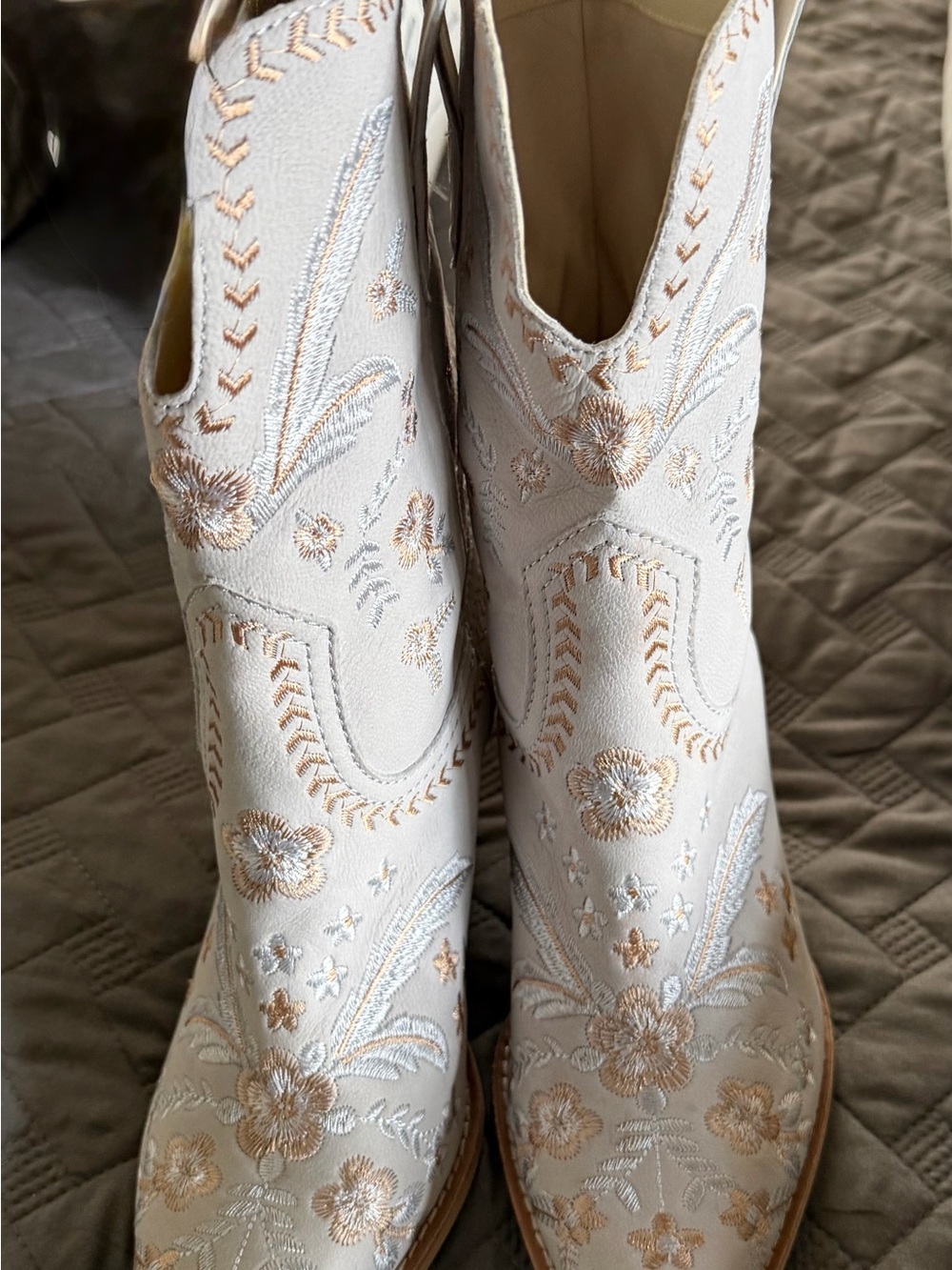 Dolce Vita Cream half calf Heeled Boots with Gold Floral Embroidery